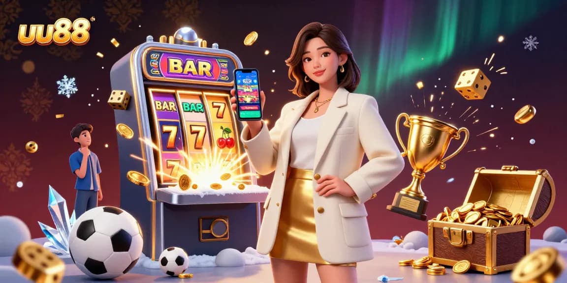 Engage with uu88's vibrant sports betting scene, featuring a friendly woman and dynamic game elements.