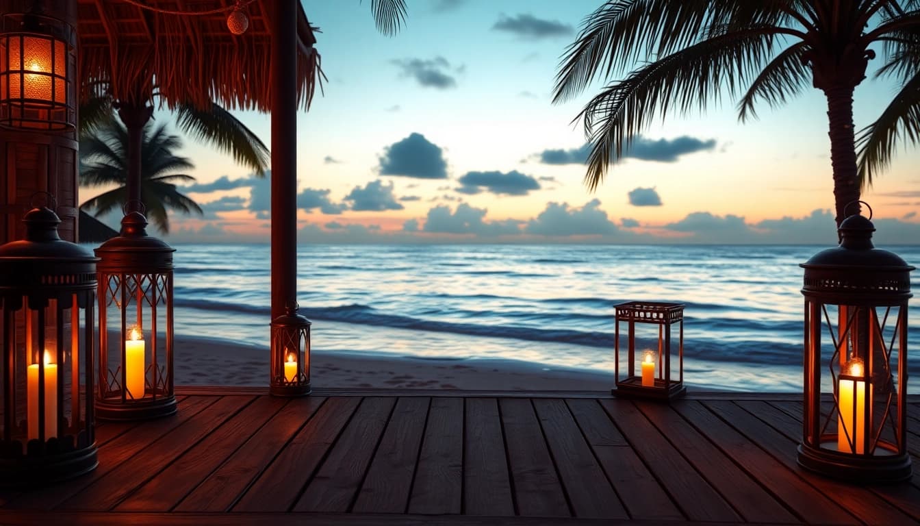 Soothing island light shines on a tranquil beach with glowing lanterns and silhouettes of palms.
