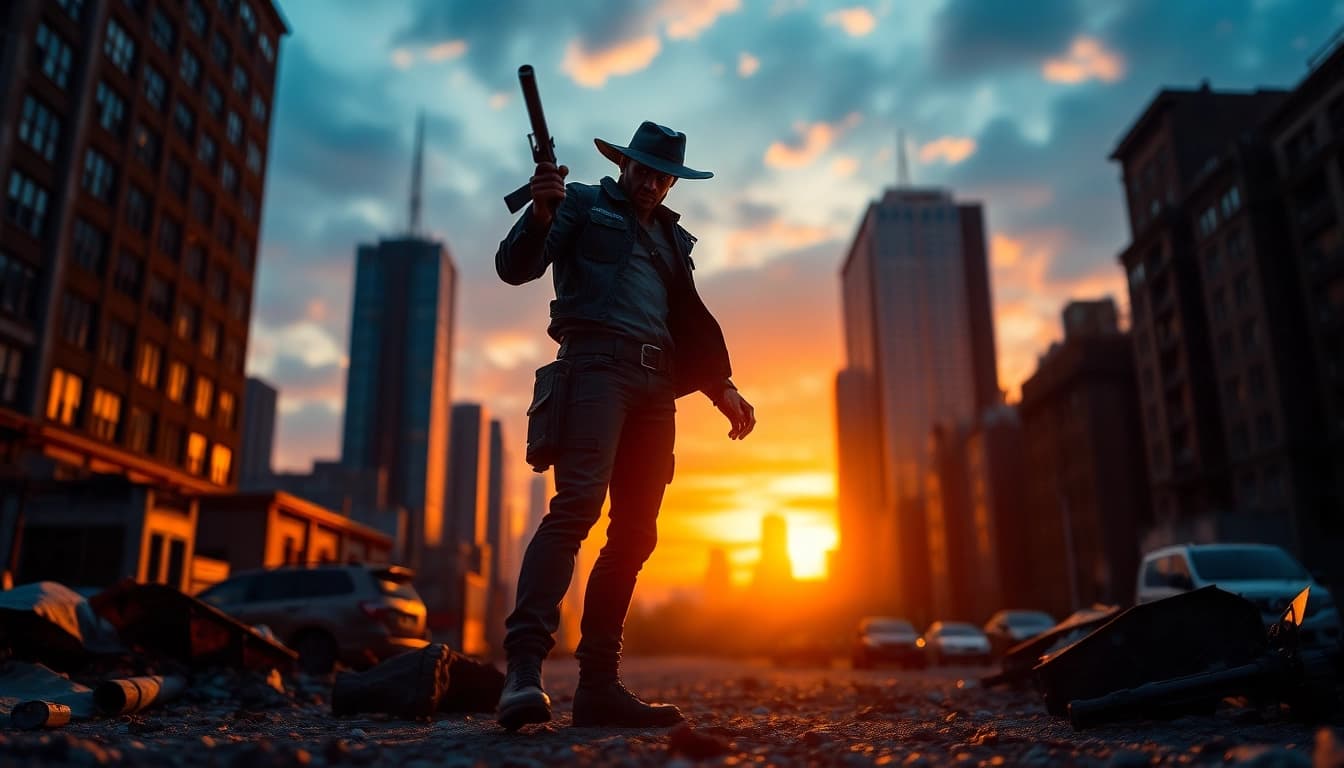 Action-packed scene with a vigilante embodying the essence of Like Reacher.