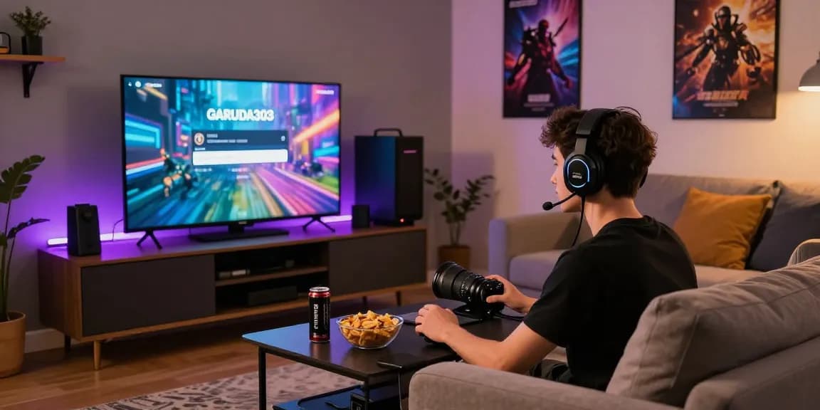 Young gamer logging into GARUDA303 platform in modern living room.
