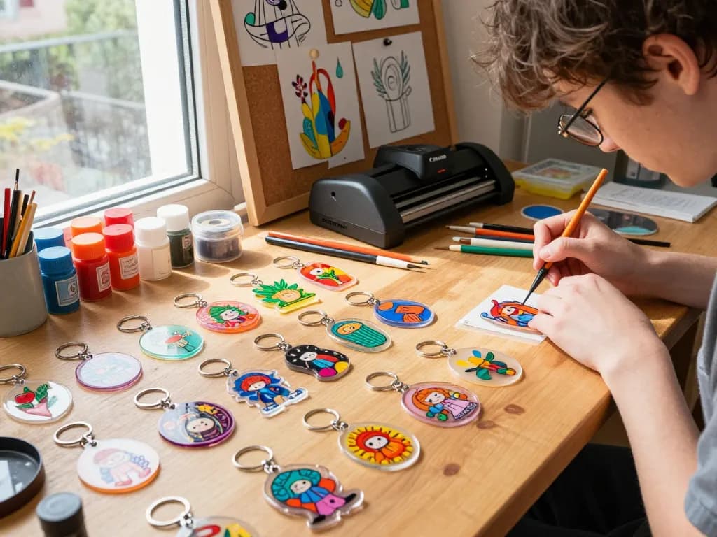 Handcrafted custom acrylic keychains displayed on a creative workspace table, highlighting the vibrant designs and artist’s tools.