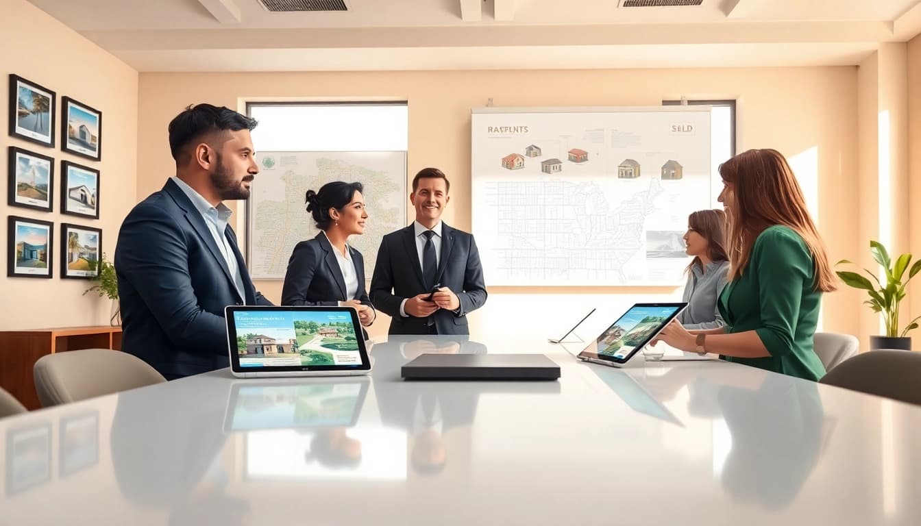 Engaged real estate agent presenting property options to clients in a bright office.