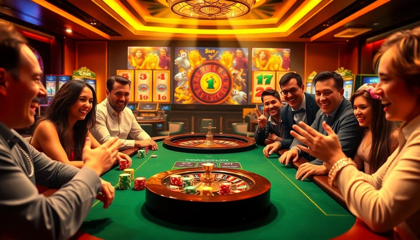 Experience the excitement of idnslot as players celebrate their wins at a vibrant casino table.