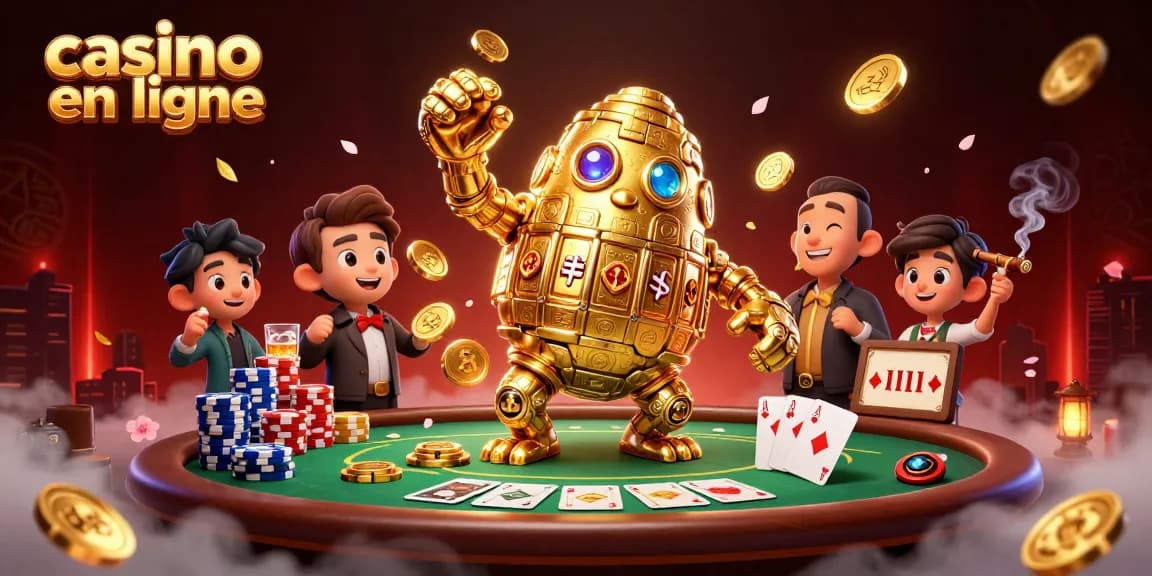 Une illustration de casino en ligne avec un golem doré et des tables de poker animées.