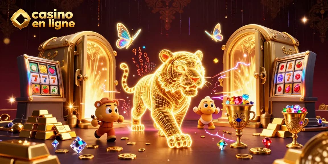 Illustration d'un tigre lumineux au casino en ligne, entouré de trésors scintillants.