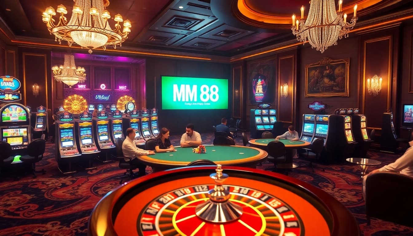Experience the thrill of MM 88 with a vibrant casino scene filled with poker tables and slot machines.