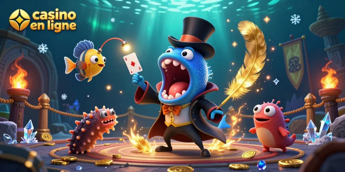 Découvrez le spectacle de jeux de casino en ligne avec un poisson-lanterne et une anguille illuminée en scène.