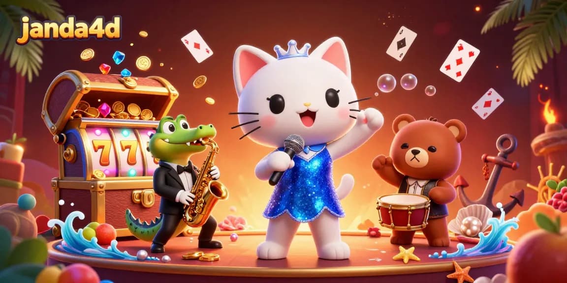 Ikon permainan janda4d menampilkan kucing penyanyi jazz dan karakter lucu lainnya di kasino.
