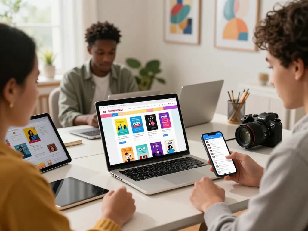 Buy PLR Products Online - Engaging scene of individuals exploring digital marketplace for PLR products with laptops and phones.