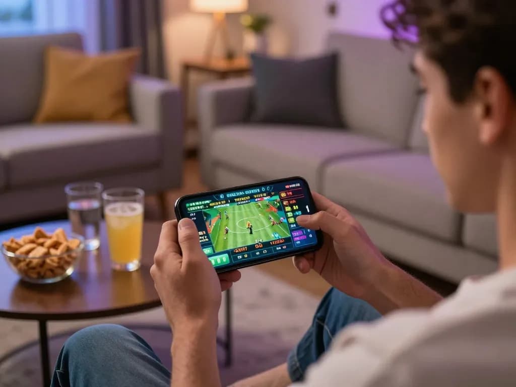 Engaging in online sports betting with fly88 app on smartphone in a cozy home setup.