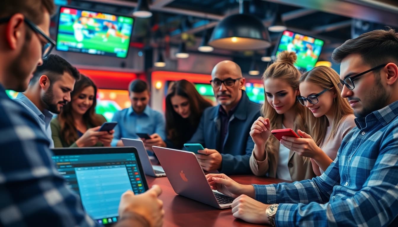 Engaging scene of sportsbooks in Canada with diverse individuals placing bets and enjoying sports.