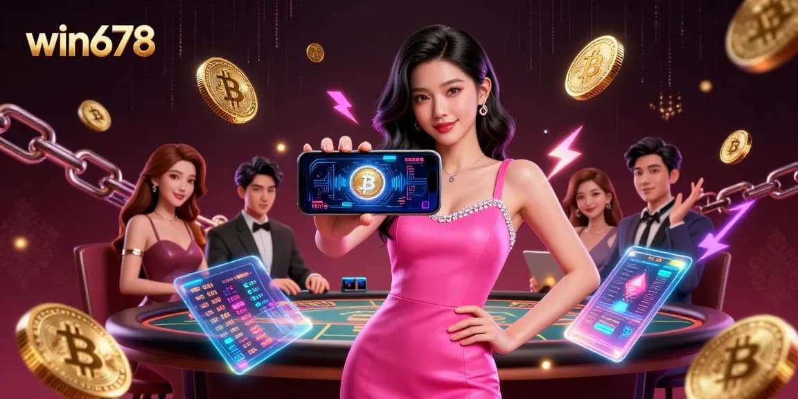 Win678 showcases an Asian woman enjoying a live dealer game on her smartphone amid vibrant casino elements.