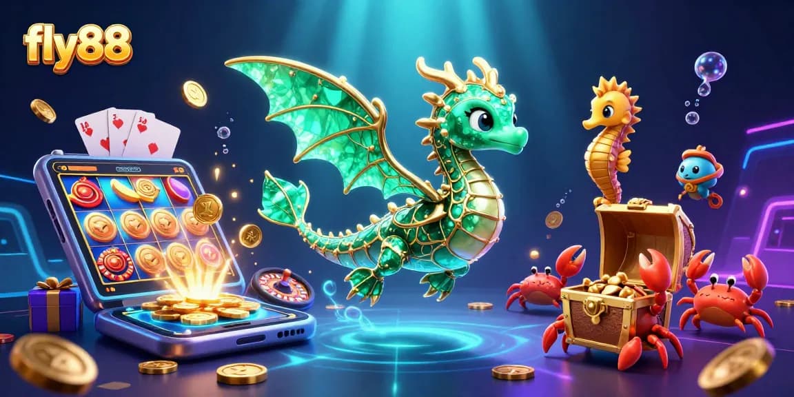 Engage with thrilling slots at fly88, featuring a majestic sea dragon and vibrant casino elements.