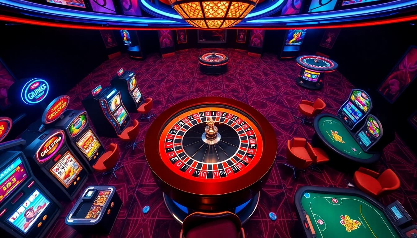 Une scène dynamique de jeu en ligne mettant en avant casino en ligne 2026 avec des roulettes vibrantes et des machines à sous.