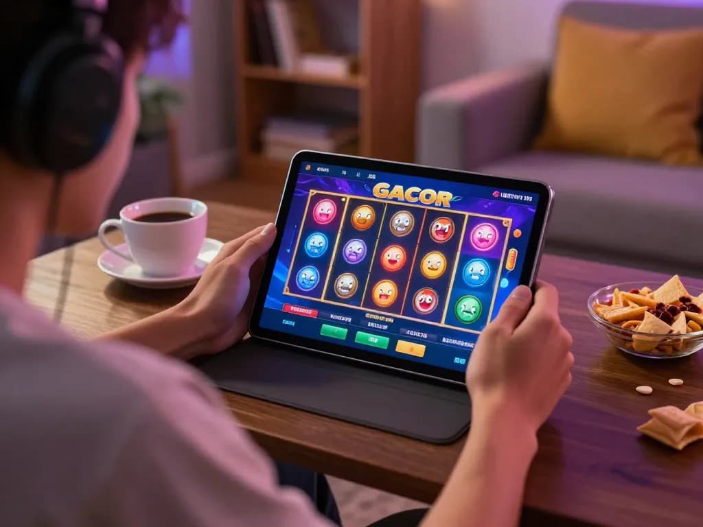 Engaging session of slot gacor gameplay on a tablet in a cozy home setting, showcasing excitement and strategy