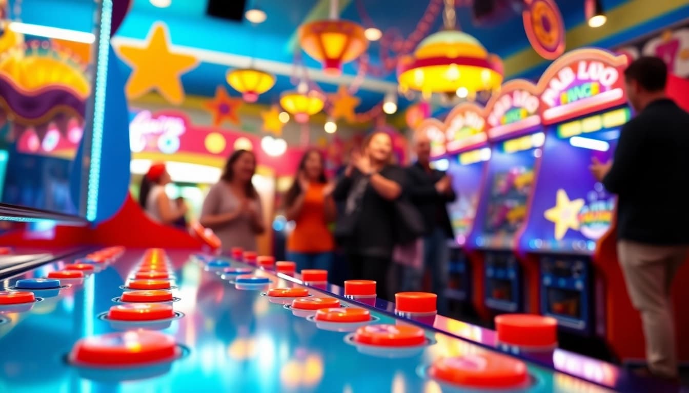 Permainan plinko demo yang memukau dengan disk jatuh dan pemandangan ceria di latar belakang.