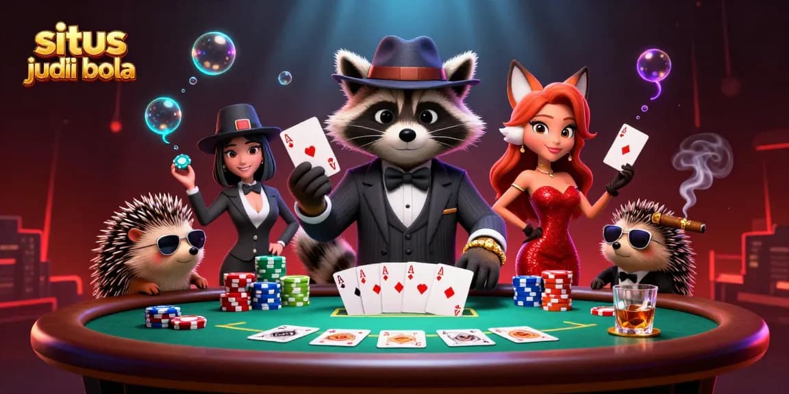 Situs judi bola scene with charming raccoon and fox at a vibrant poker table.