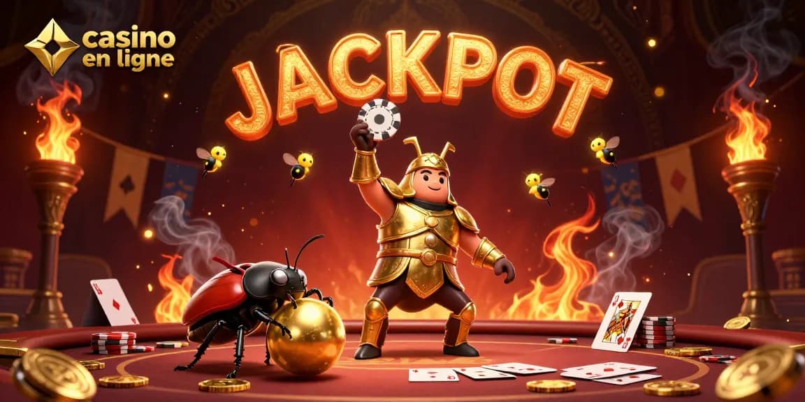Vivez l'excitation du casino en ligne avec une illustration 3D de héros et jackpots.