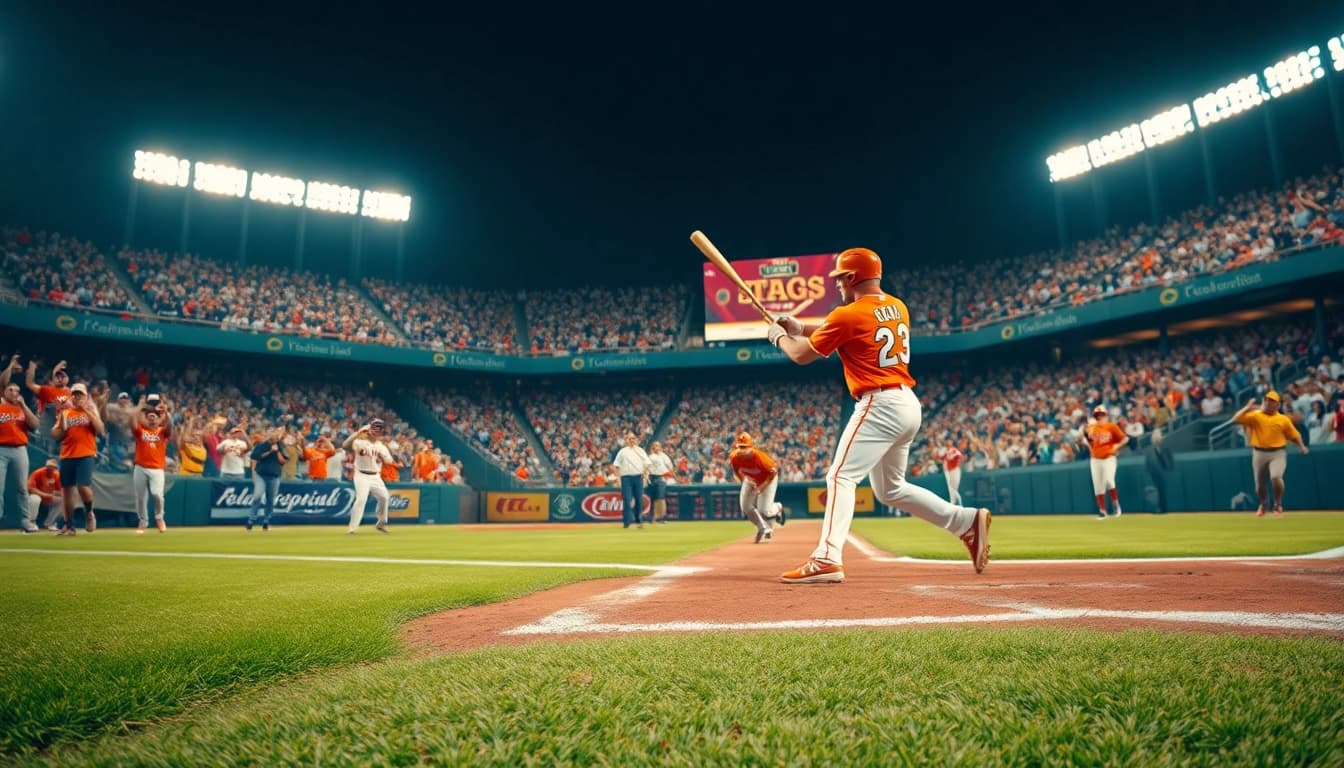 mlb중계를 위한 역동적인 야구 경기 장면, 선수들이 하늘을 날며 홈런을 치는 모습