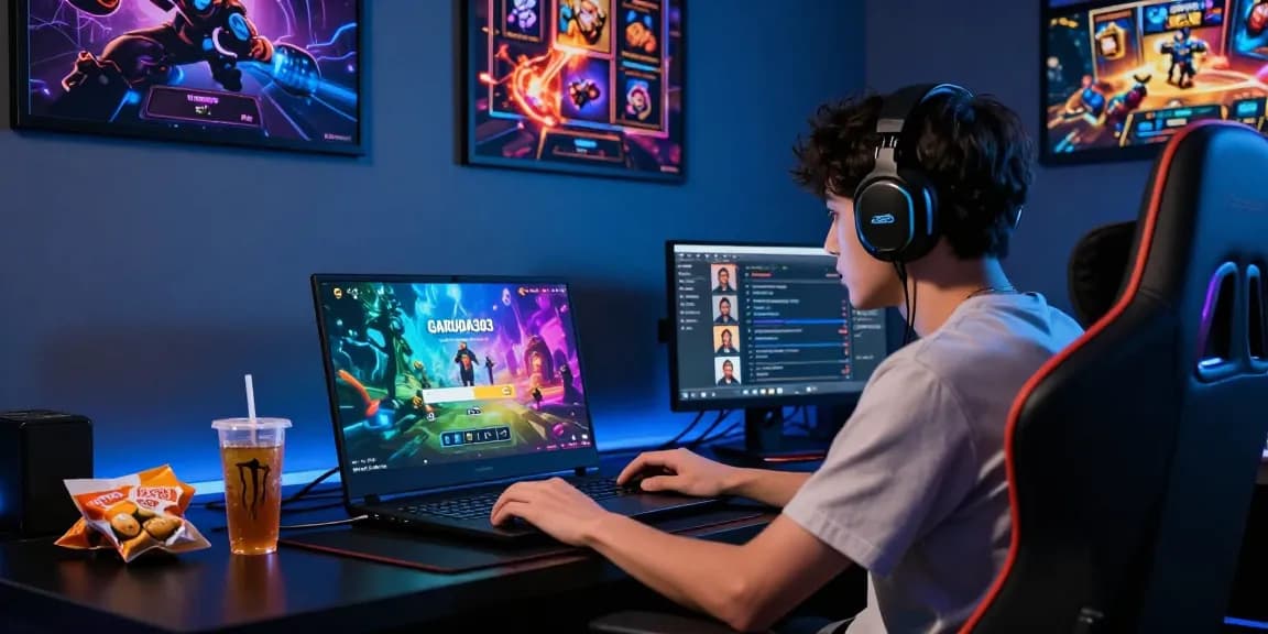 Player engaged in GARUDA303 login on laptop, showcasing an immersive online gaming environment.