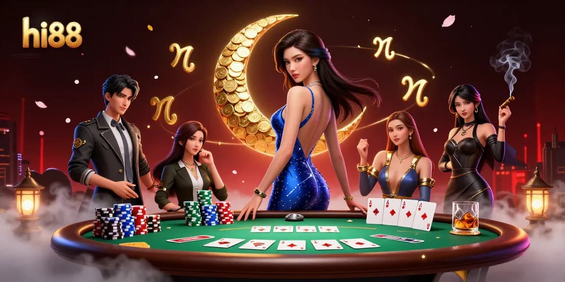 Experience the thrill of hi88 with a stunning poker scene featuring an elegant Asian woman and vibrant gaming elements.