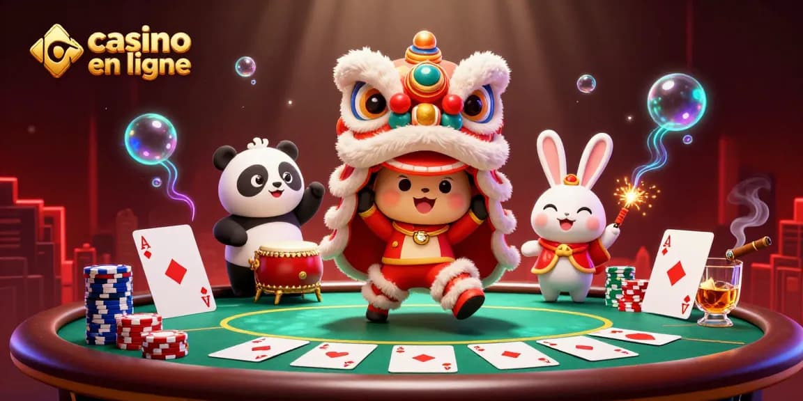 Vivez l'excitation du casino en ligne avec une danse du lion et un panda dans un décor lumineux.