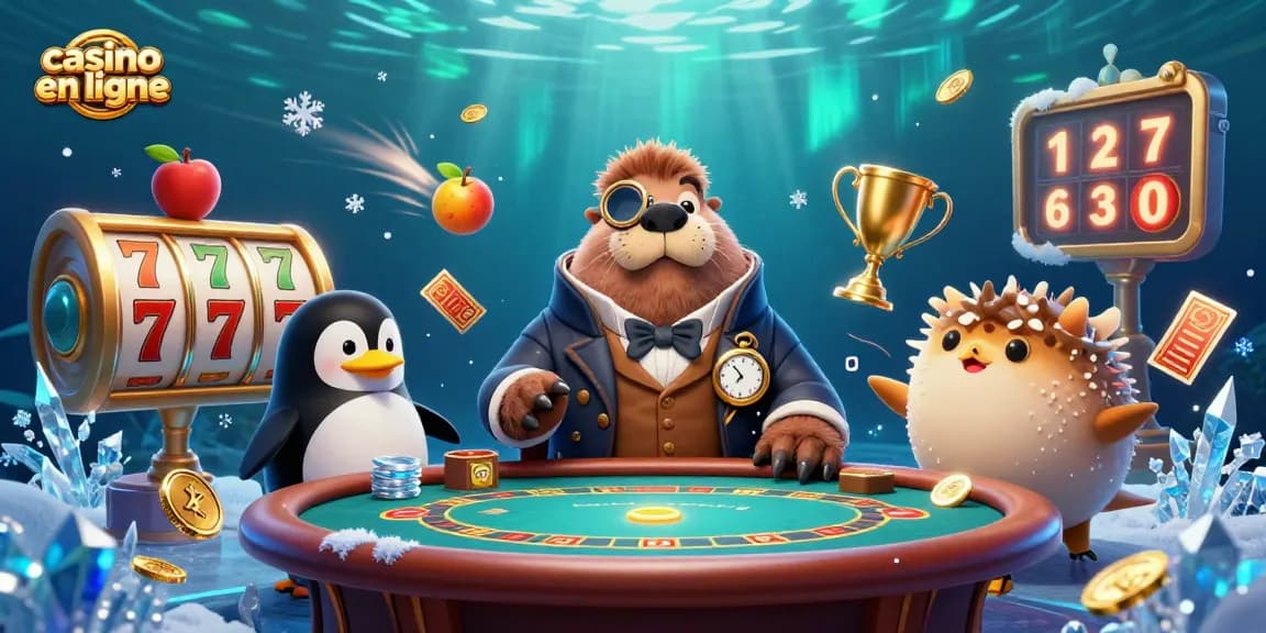 Illustration colorée d'une scène de casino en ligne avec des personnages de jeu sous-marins.