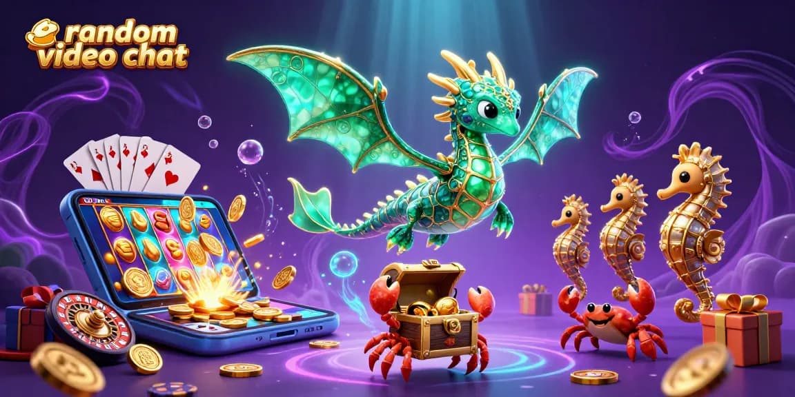 Engage in random video chat with a captivating sea dragon, treasure, slots, and dazzling coins.