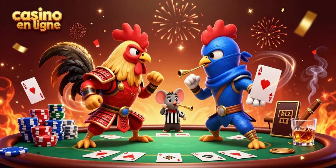 Vivez l'excitation du casino en ligne avec des coqs combattants et une ambiance de poker animée.
