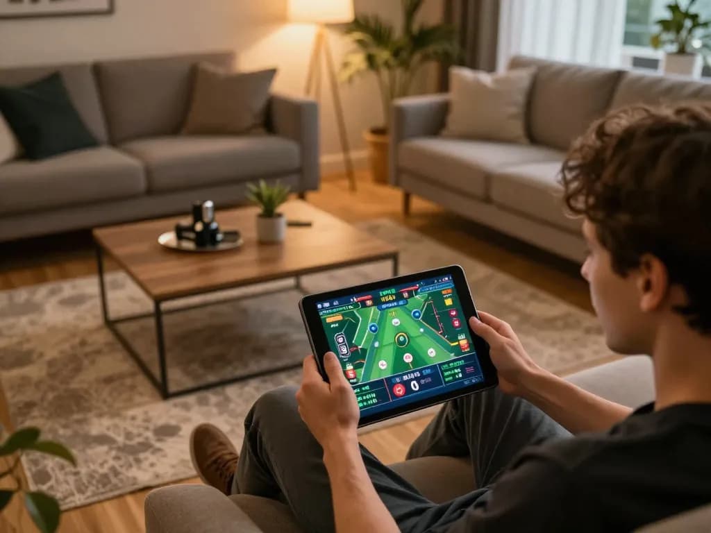 Person engaged in online betting through sites scommesse stranieri legali in a cozy living room environment.