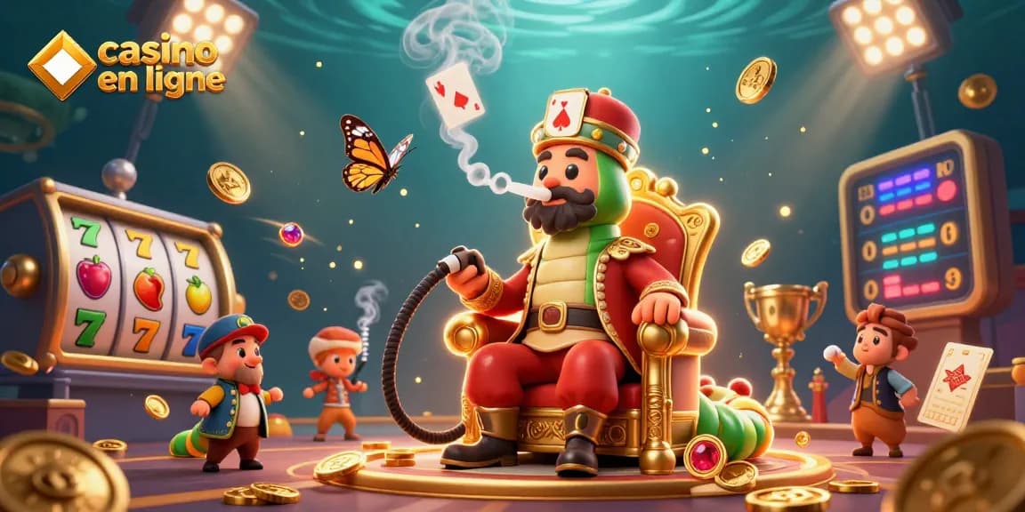 Illustration captivante d'un casino en ligne avec des éléments de jeux, symboles de poker et pièces d'or.