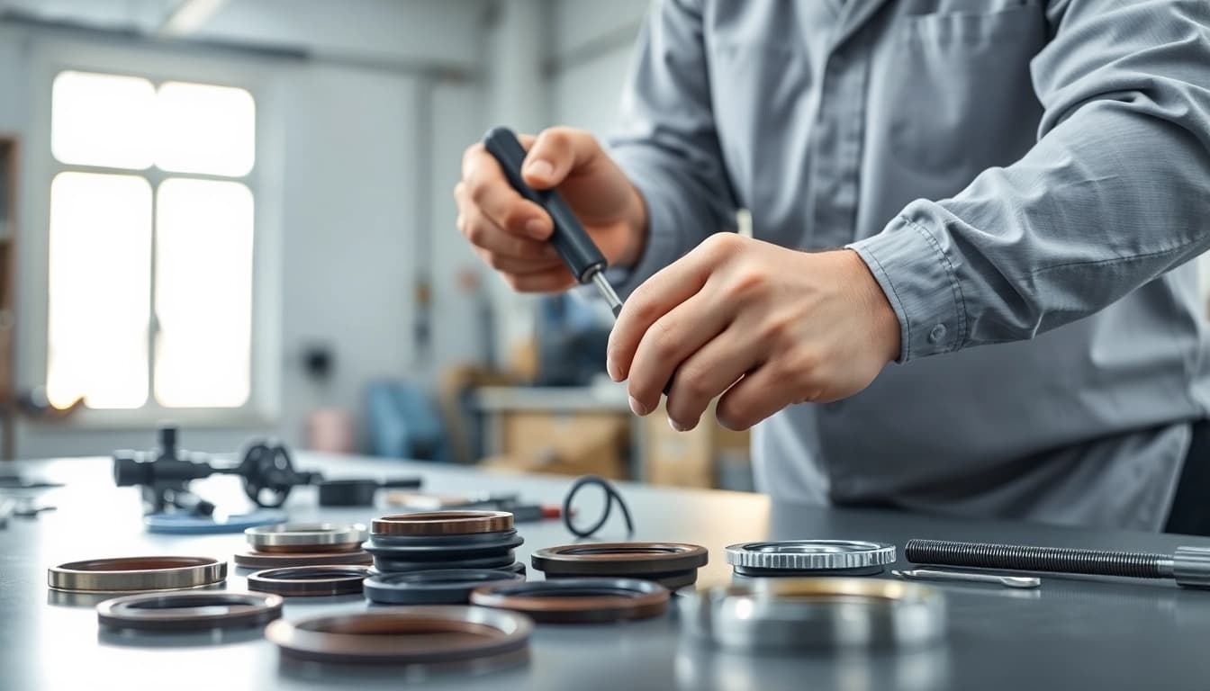 Technician performing hydraulic cylinder repair in a workshop, showcasing expertise and tools.