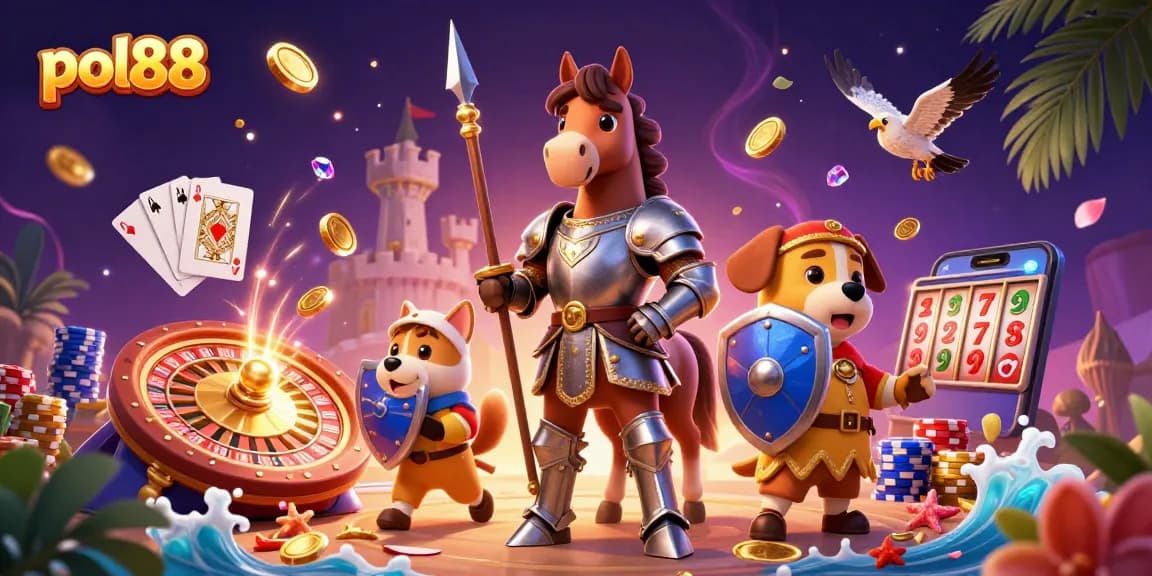 pol88 mempersembahkan ilustrasi kasino dengan karakter ksatria, anjing squire, dan elang.