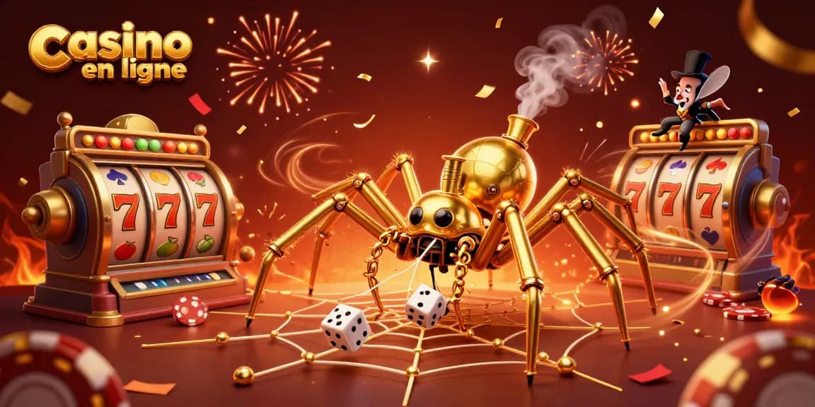 Animations captivantes au casino en ligne avec une araignée steampunk et des éléments de jeu.
