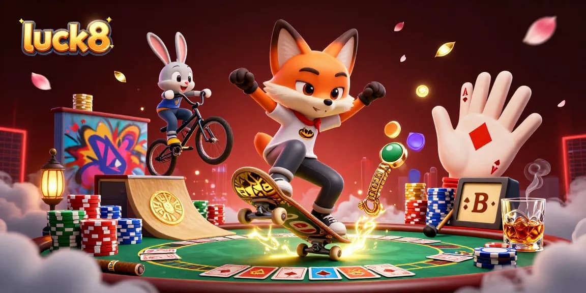 Skateboarder fox performs tricks above golden poker chips in a lively casino scene with luck8 branding.