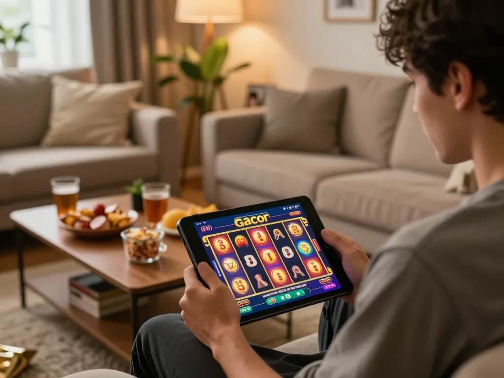 Player enjoying slot gacor gameplay on a tablet in a cozy home, warm atmosphere.