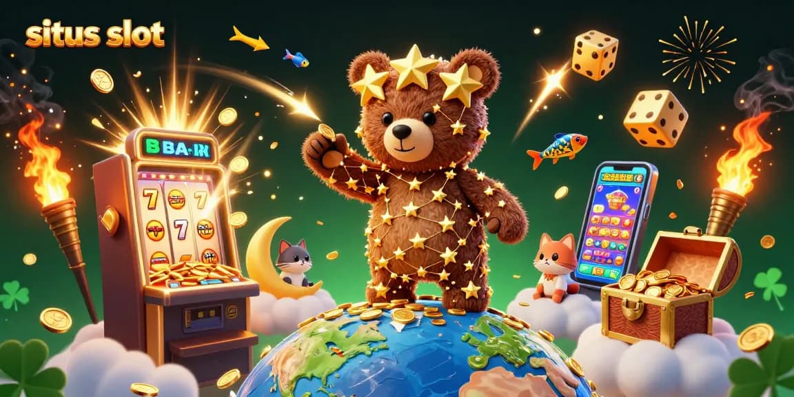 Scoop coins on situs slot with a golden bear under a jackpot explosion in a colorful 3D casino scene.