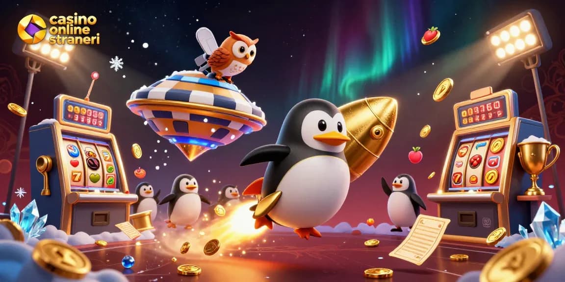 Scopri l'emozione dei casinò online stranieri con un pinguino dorato spaziale e simboli di slot in movimento.