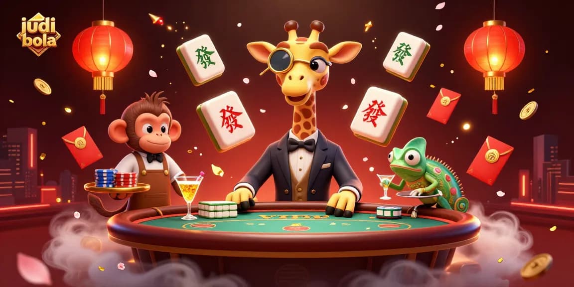 Engaging judi bola illustration showcasing a high-roller giraffe at a poker table surrounded by festive elements.