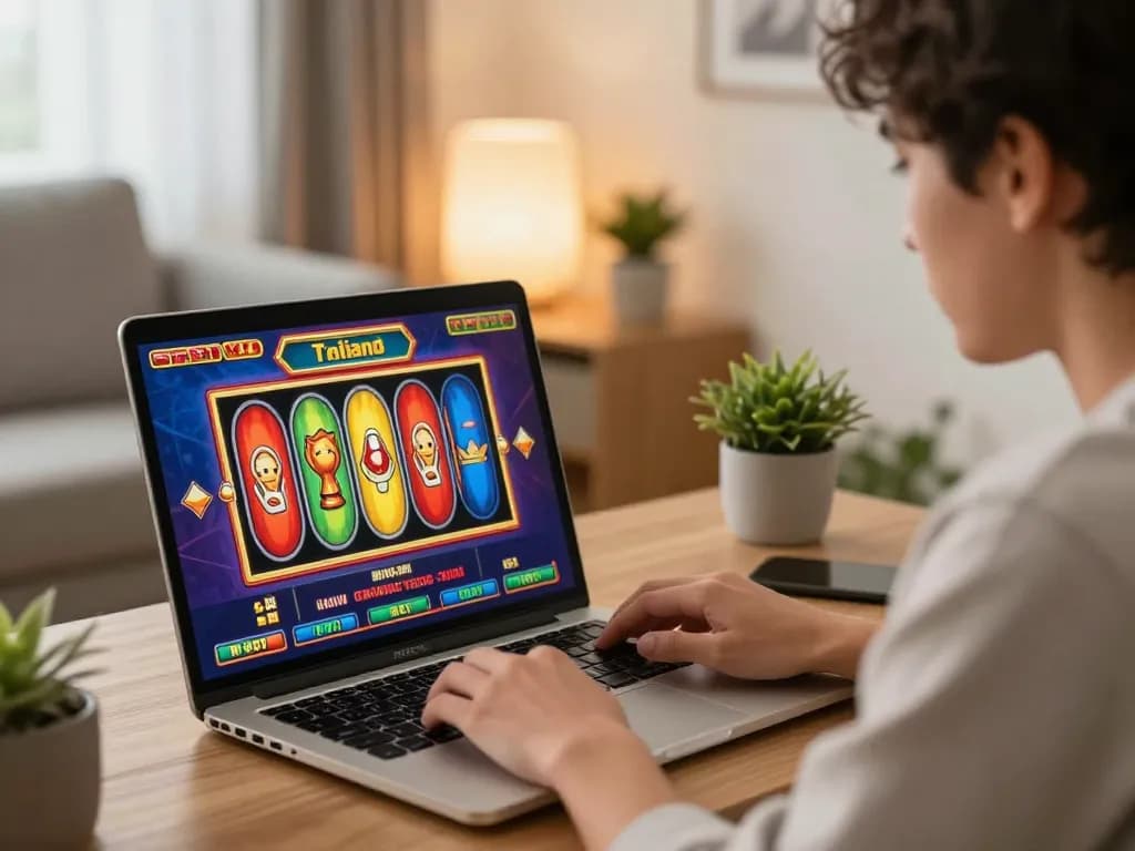 Player enjoying slot thailand online gaming on a laptop with colorful reels visible