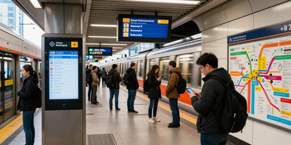 Live subway arrivals and line schedule displayed at urban station.