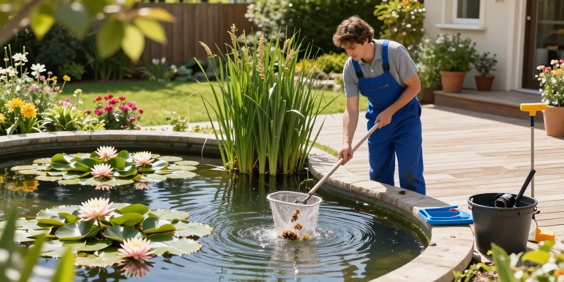 Pond Cleaning London with professional removing debris from serene garden pond.