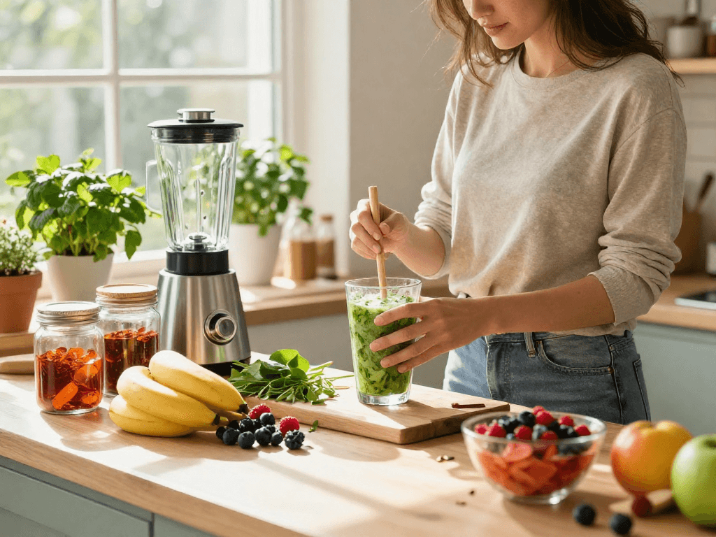 Preparing a vibrant smoothie with natural astaxanthin supplements in a sunny kitchen.