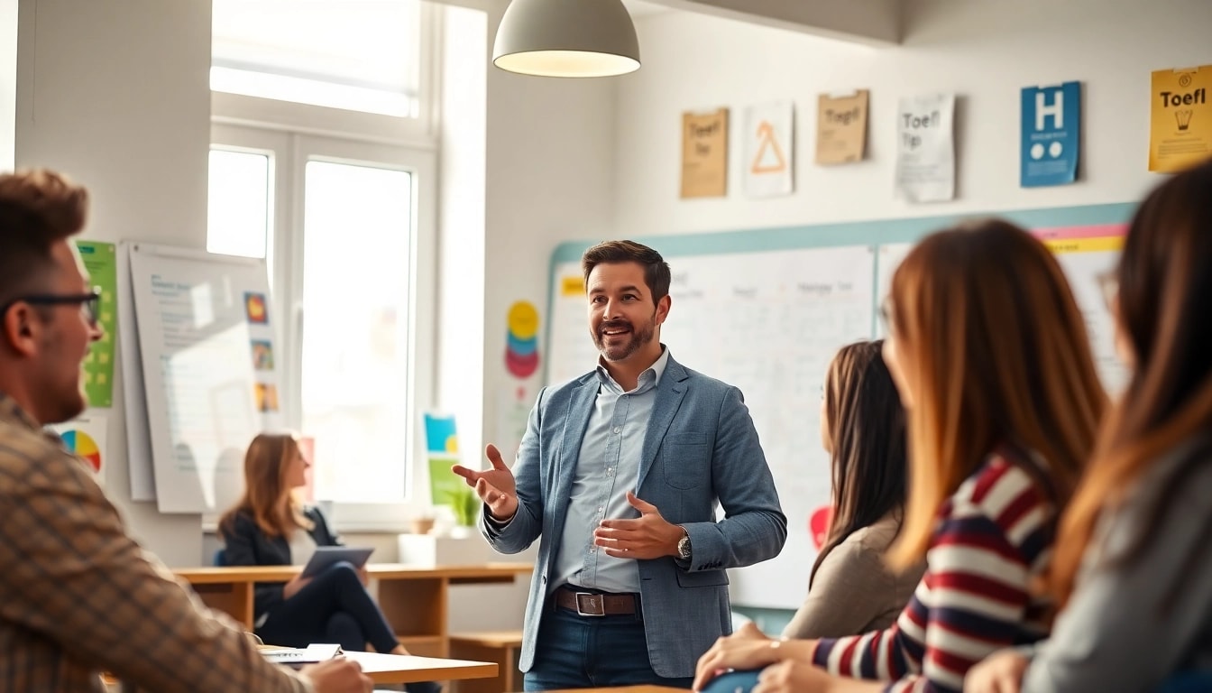 TOEFL expert help guiding attentive students in a bright classroom environment.