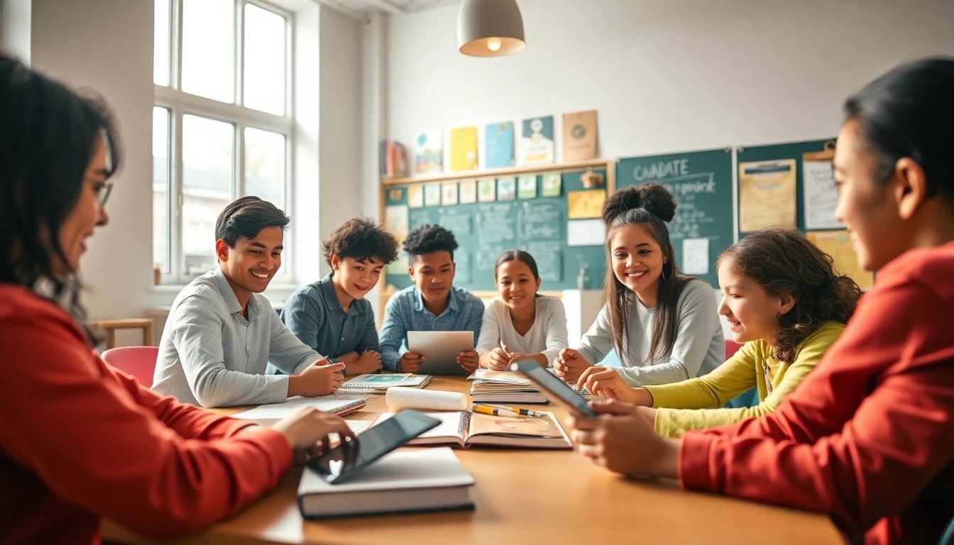 Engaging education scene showcasing students collaborating with digital tools, reflecting modern learning environments.