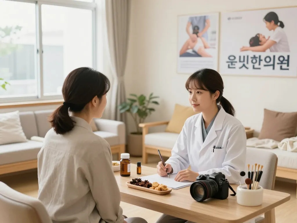 Consultation scene at 수원한의원 highlighting traditional healing therapies in a warm atmosphere.