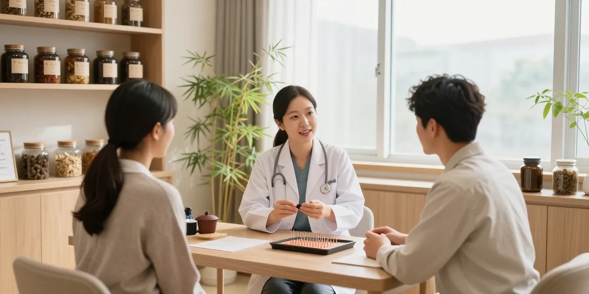 Consultation at 수원한의원 with a caring practitioner and herbal remedies visible in a calming environment.