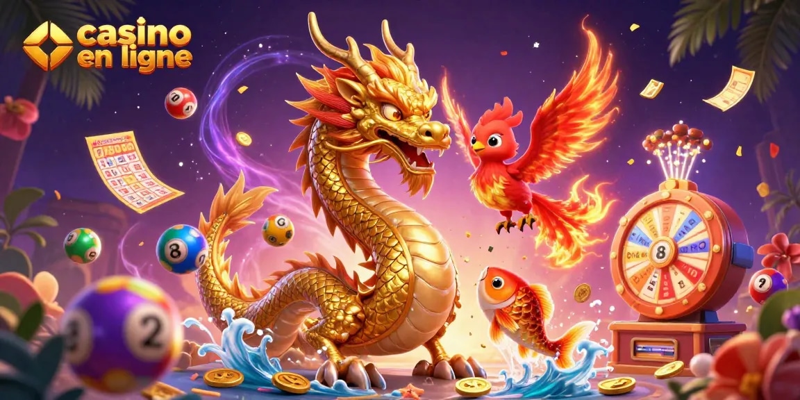 Gagnez avec le casino en ligne, entouré d'un dragon doré et de symboles de la chance.