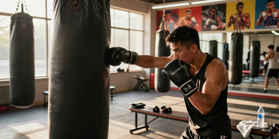 A young male boxer training intensely on a heavy bag, showcasing determination to become the undisputed champion.