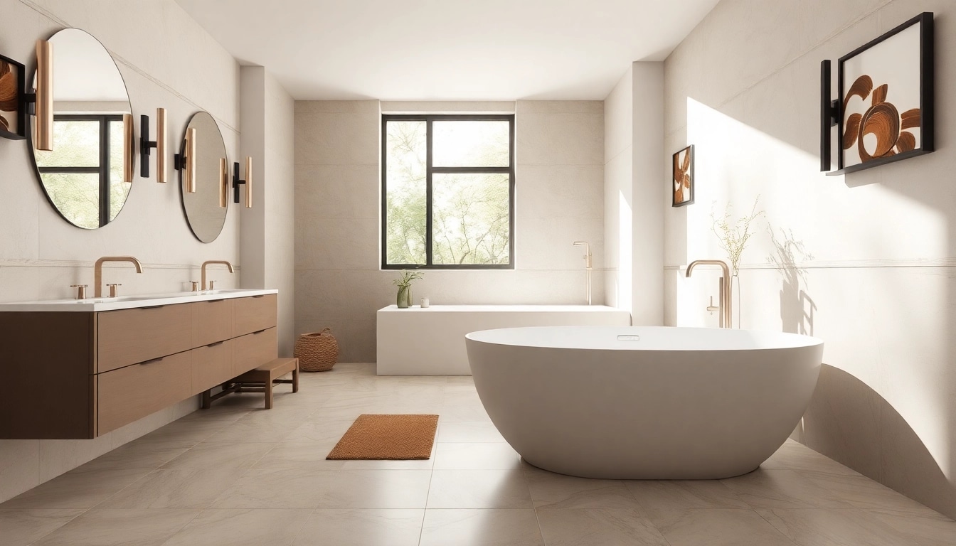 Bathroom builders exhibit high-quality fixtures and design features in a modern bathroom.